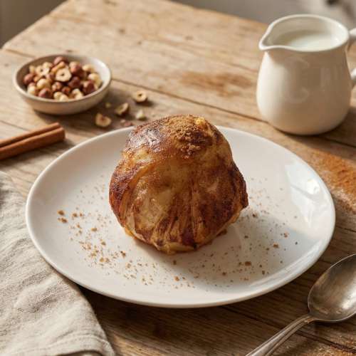 Goldbrauner Bratapfel im Teigmantel auf weißem Teller, bestreut mit braunem Zucker, umgeben von Haselnüssen, Zimtstangen und einem Milchkännchen.