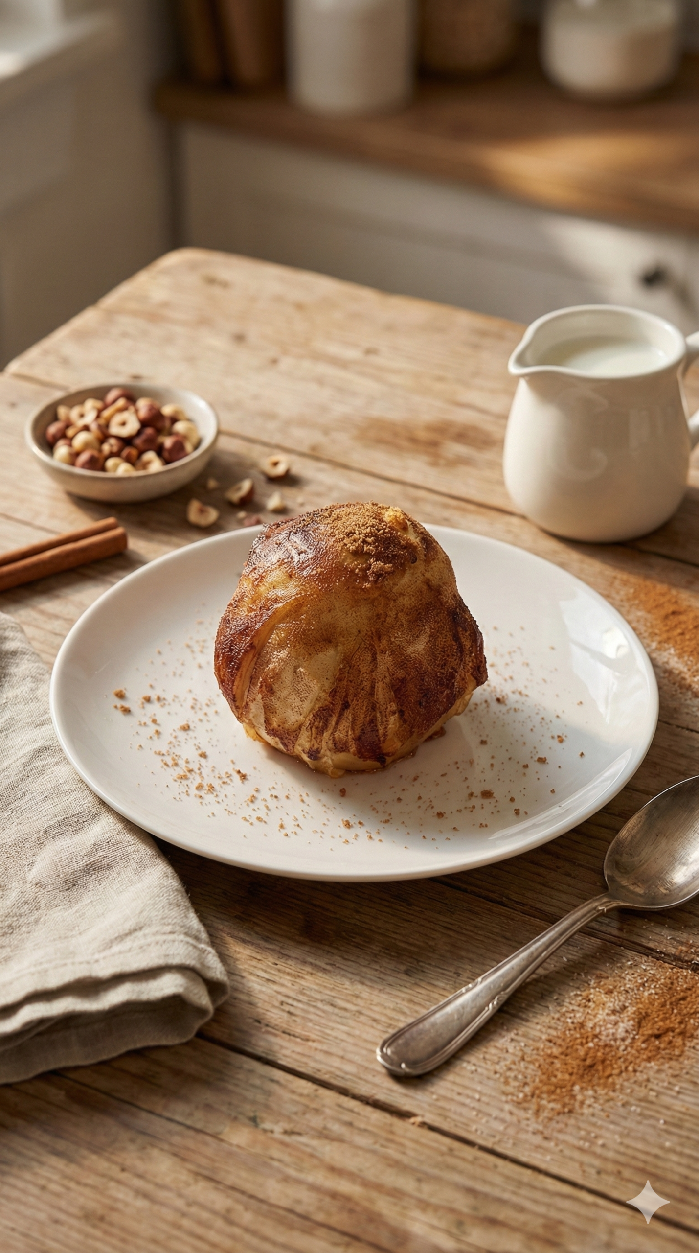 Goldbrauner Bratapfel im Teigmantel auf weißem Teller, bestreut mit braunem Zucker, umgeben von Haselnüssen, Zimtstangen und einem Milchkännchen.