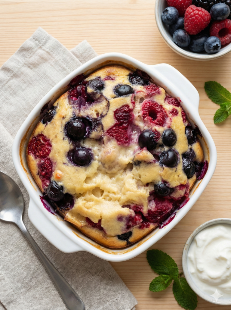 Draufsicht auf einen frisch gebackenen Beerenauflauf mit Blaubeeren und Himbeeren in einer weißen quadratischen Auflaufform, serviert auf einem Holztisch mit einer Schale Skyr, frischen Beeren, Minze und einem Löffel auf einem Leinentuch. Perfekt für ein gesundes Frühstück oder Dessert.