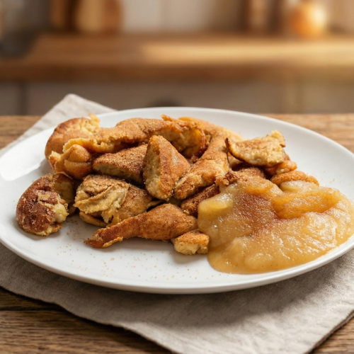 Goldbraun gebratene, zerrupfte Pfannkuchenstücke auf einem weißen Teller, serviert mit Apfelmus und bestreut mit Zimtzucker auf einem rustikalen Holztisch.