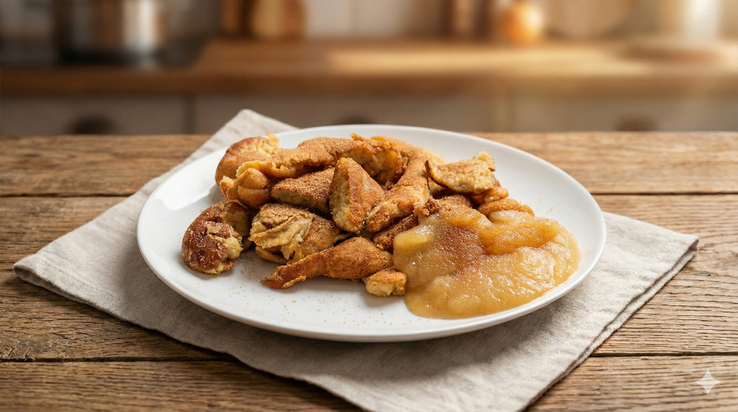 Goldbraun gebratene, zerrupfte Pfannkuchenstücke auf einem weißen Teller, serviert mit Apfelmus und bestreut mit Zimtzucker auf einem rustikalen Holztisch.