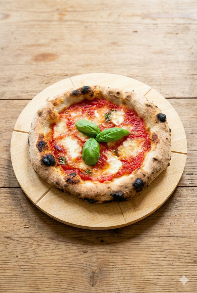 Draufsicht einer neapolitanischen Pizza mit fluffigem, leicht angekohltem Rand (Leoparding). Die Pizza ist mit kräftig roter Tomatensauce, geschmolzenem Mozzarella und drei frischen grünen Basilikumblättern in der Mitte belegt und liegt auf einem hellen Holzschneidebrett.