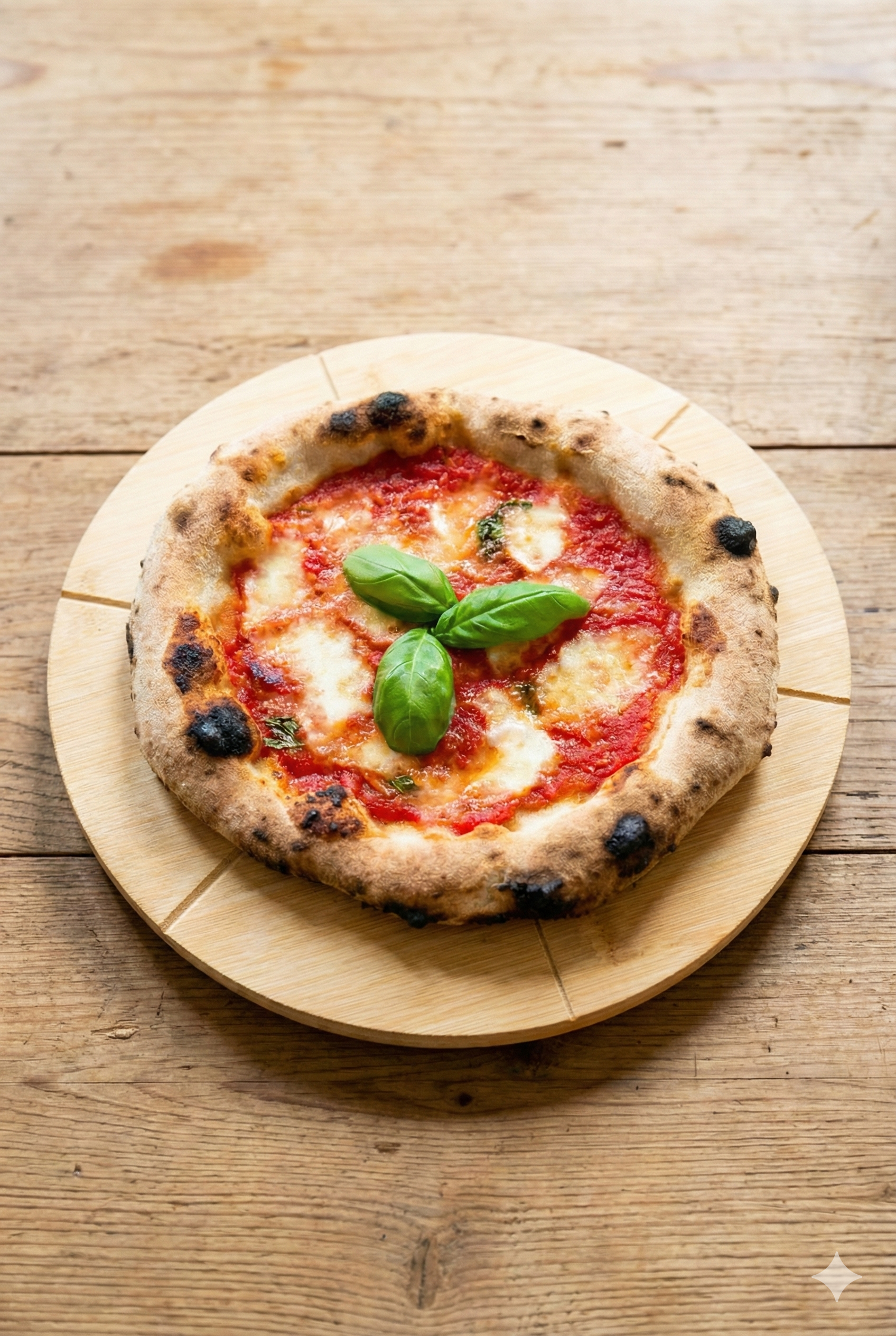 Draufsicht einer neapolitanischen Pizza mit fluffigem, leicht angekohltem Rand (Leoparding). Die Pizza ist mit kräftig roter Tomatensauce, geschmolzenem Mozzarella und drei frischen grünen Basilikumblättern in der Mitte belegt und liegt auf einem hellen Holzschneidebrett.