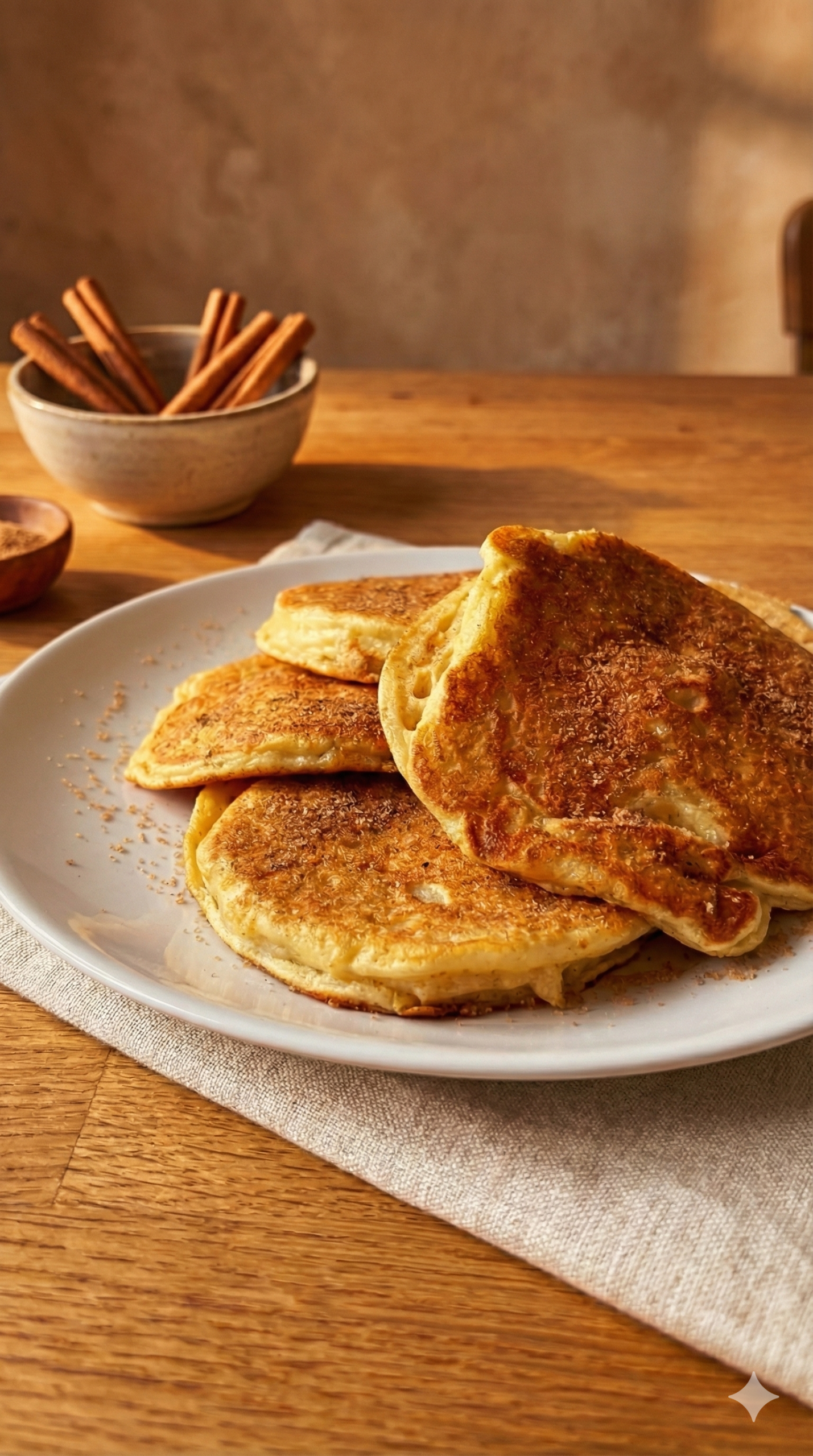 Fluffige Protein-Apfeltaler mit Skyr und Dinkelmehl, serviert als gesunder Snack mit Zimt-Topping.