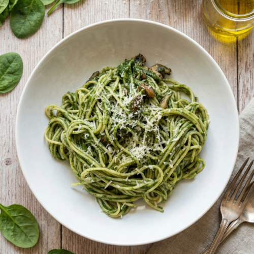 Spaghetti mit grünem Spinat-Pesto und Pilzscheiben in einer weißen Schale, garniert mit geriebenem Parmesan und umgeben von frischen Spinatblättern und Olivenöl.