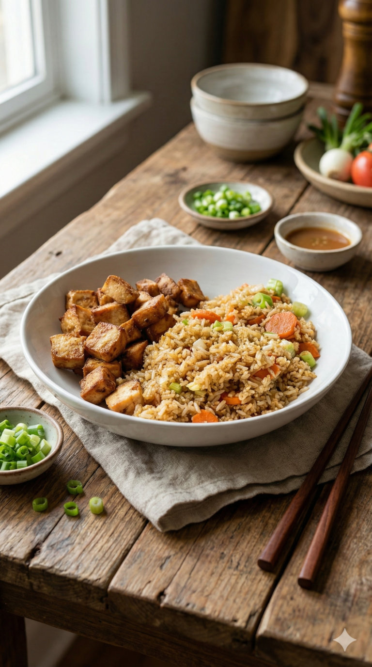 Fried Rice mit Tofu, Ei und frischem Gemüse, serviert mit Stäbchen und einer würzigen Soja-Ingwer-Sauce auf einem rustikalen Holztisch.