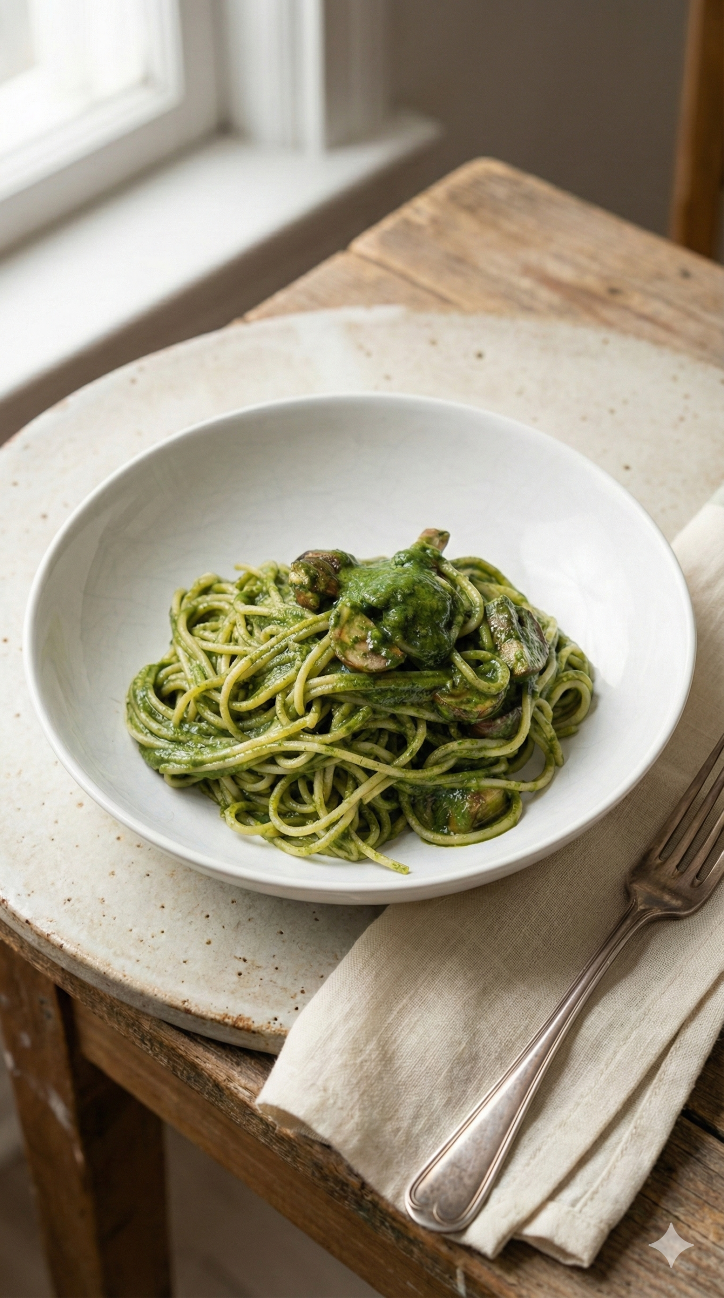 Schnelle Spinat-Spagetti mit einer Sauce aus körnigem Frischkäse und angebratenen Champignons.