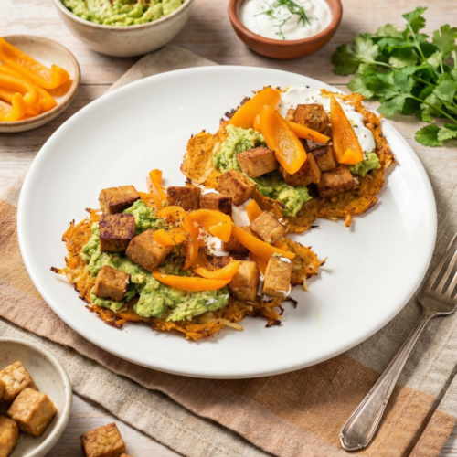 Vegane Süßkartoffelpuffer mit proteinreichem Tempeh-Topping, Avocado-Creme und frischem Dip serviert auf einer Leinentischtuch.
