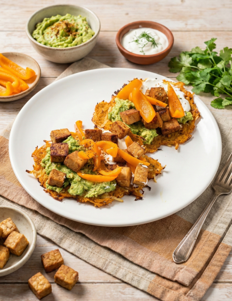 Vegane Süßkartoffelpuffer mit proteinreichem Tempeh-Topping, Avocado-Creme und frischem Dip serviert auf einer Leinentischtuch.