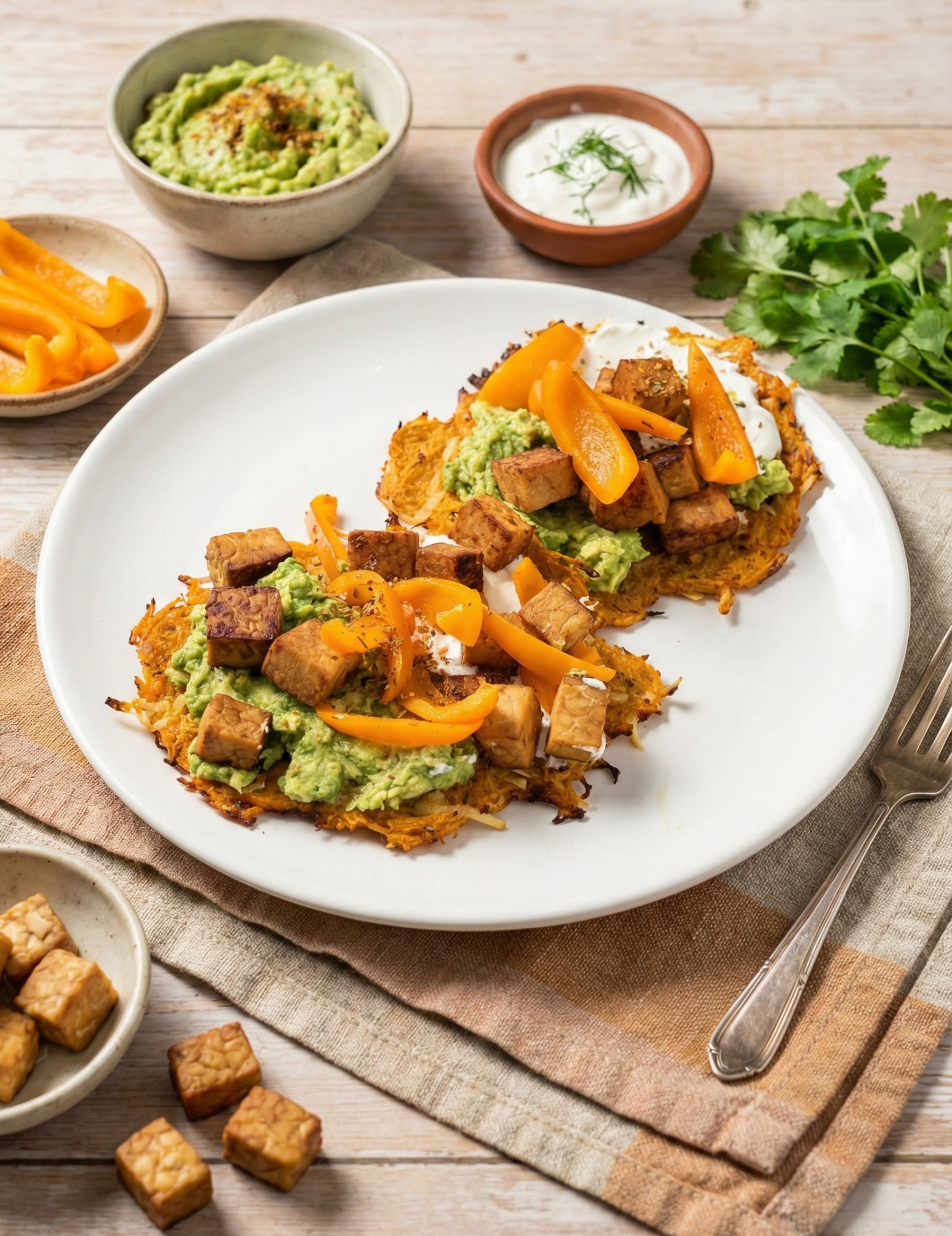 Vegane Süßkartoffelpuffer mit proteinreichem Tempeh-Topping, Avocado-Creme und frischem Dip serviert auf einer Leinentischtuch.