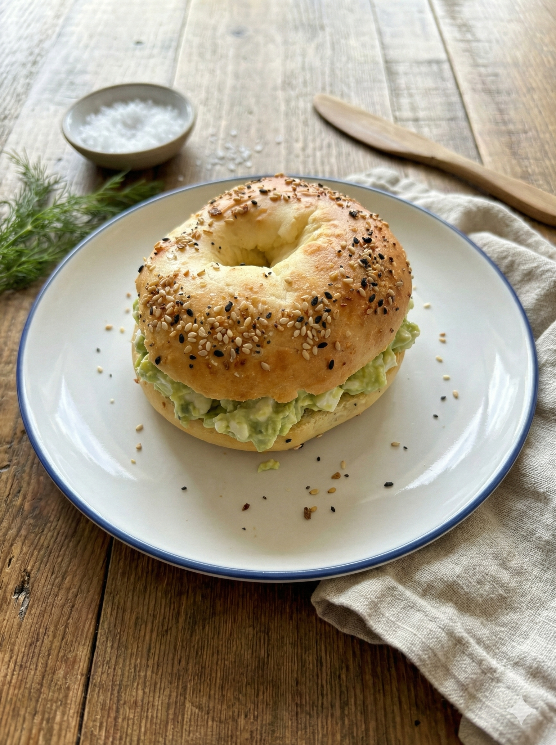 Goldbrauner Everything-Bagel, üppig gefüllt mit stückiger Avocado-Creme, auf einem weißen Teller mit blauem Rand und Leinenserviette. Herzhaftes Bagel-Sandwich mit Avocado-Eiersalat und Sesam-Kruste, serviert auf einem rustikalen Holztisch mit Meersalz. Everything-Bagel mit Avocado-Füllung.