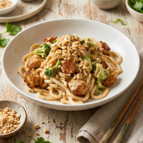 Cremige Udon-Nudeln mit knusprigen Tofu-Würfeln und Brokkoli in einer weißen Schale, großzügig garniert mit gehackten Erdnüssen.
