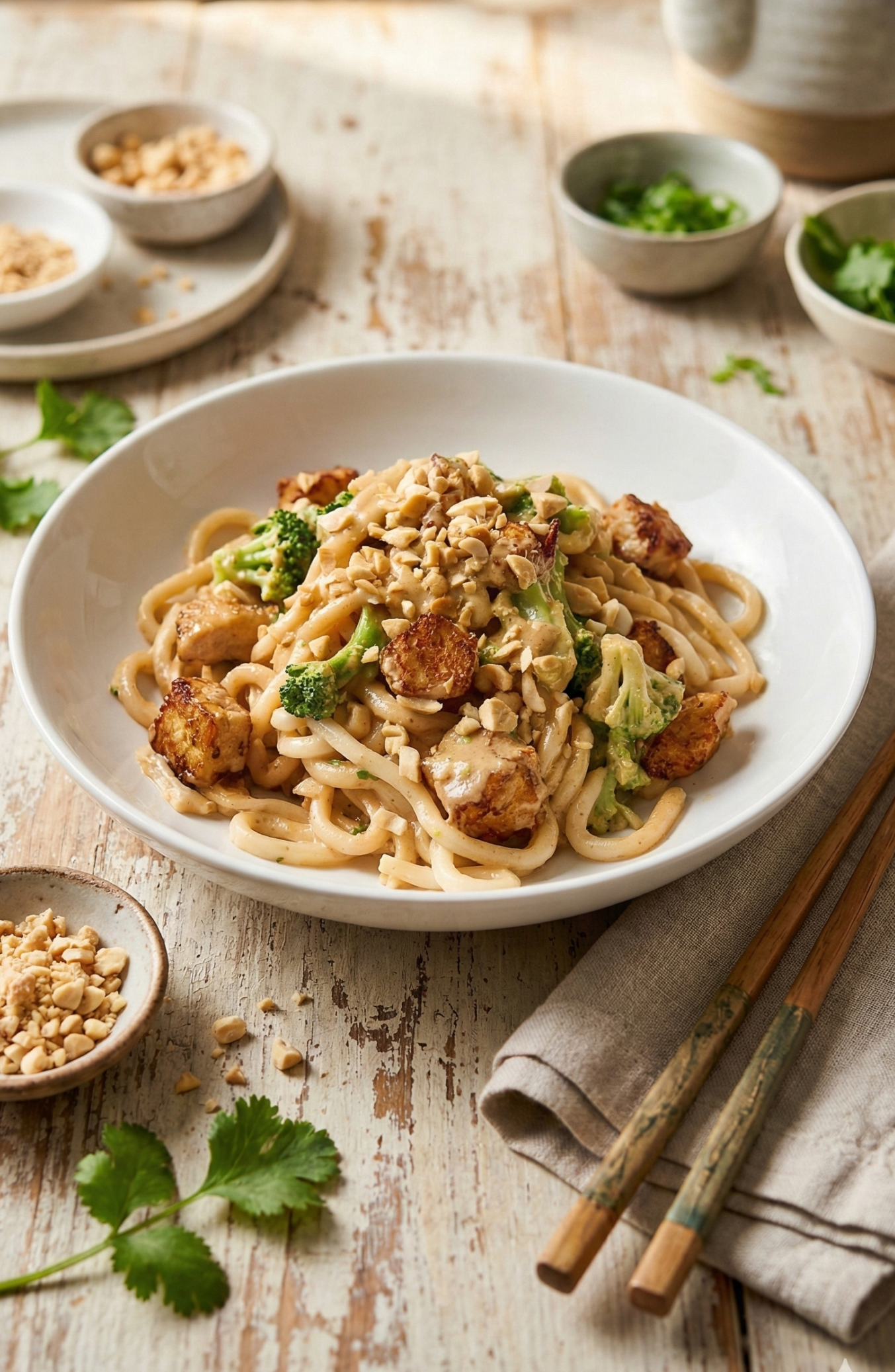 Cremige Udon-Nudeln mit knusprigen Tofu-Würfeln und Brokkoli in einer weißen Schale, großzügig garniert mit gehackten Erdnüssen.