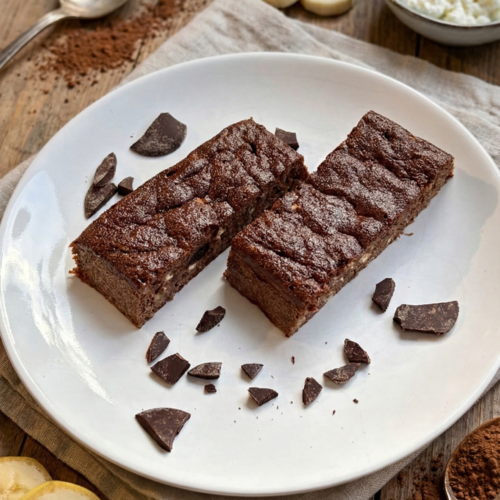 Zwei rechteckige, saftige Schoko-Brownies auf einem weißen Teller, umgeben von dunklen Schokostücken, Bananenscheiben und einer kleinen Schale mit körnigem Frischkäse.