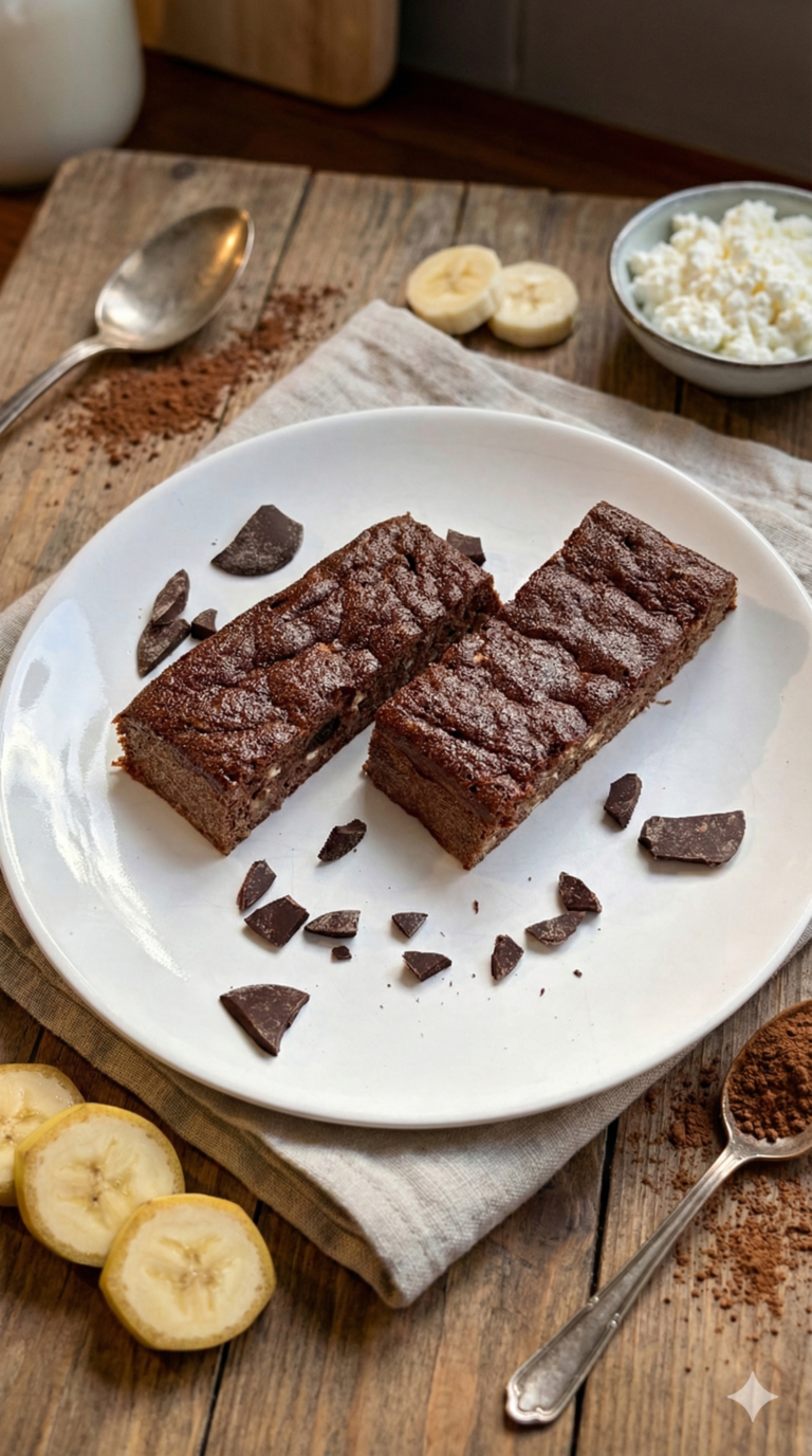 Zwei rechteckige, saftige Schoko-Brownies auf einem weißen Teller, umgeben von dunklen Schokostücken, Bananenscheiben und einer kleinen Schale mit körnigem Frischkäse.