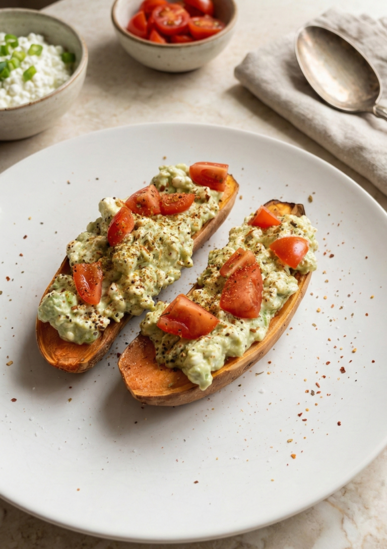Zwei gebackene Süßkartoffelhälften auf weißem Teller, üppig belegt mit hellgrüner Avocado-Creme, Tomatenwürfeln und grobem Pfeffer.