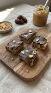 Gesunde No-Bake Erdnussbutter-Riegel mit Datteln und einer knackigen Schicht aus dunkler Schokolade, serviert auf einem rustikalen Holzbrett.