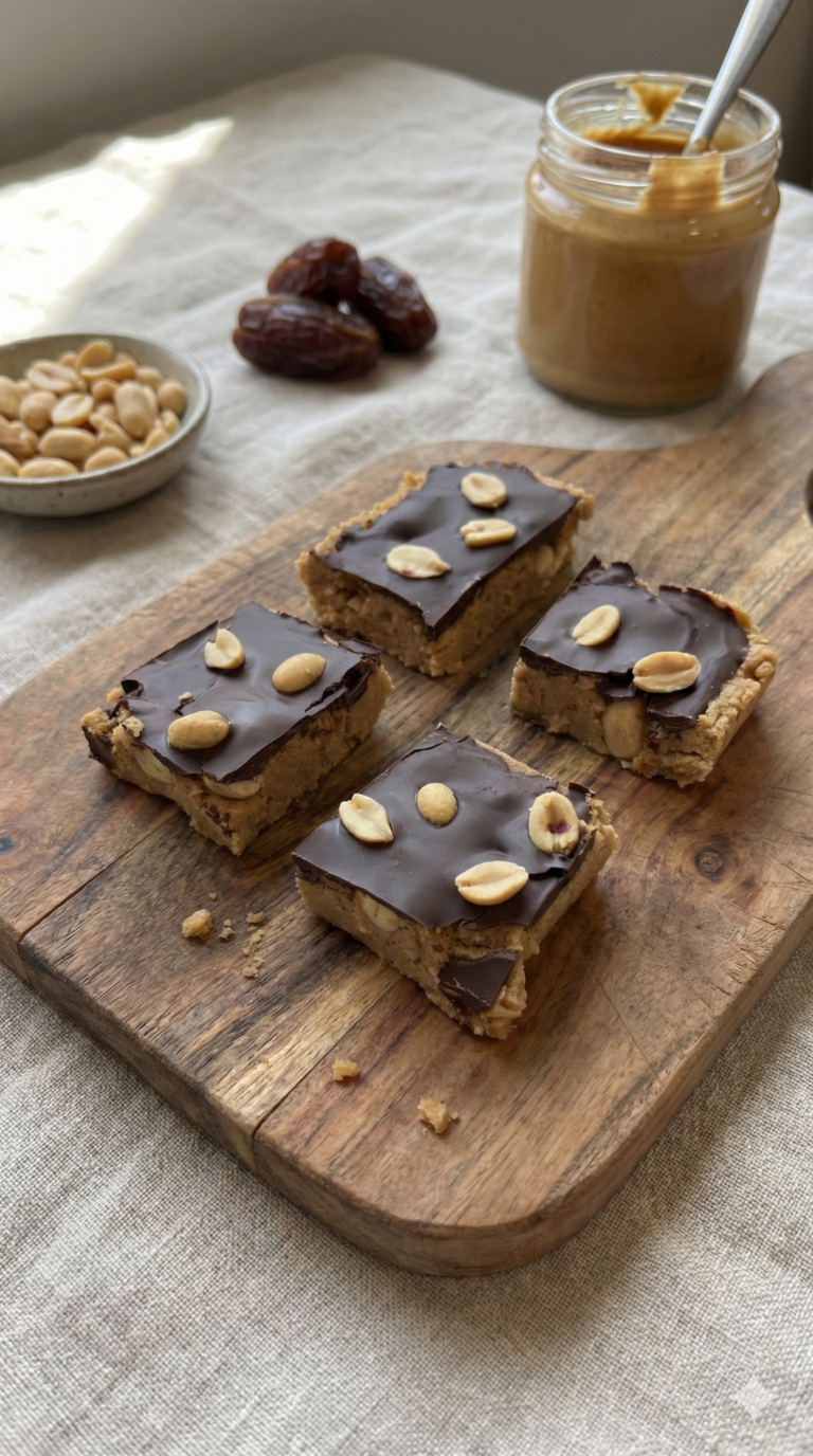 Gesunde No-Bake Erdnussbutter-Riegel mit Datteln und einer knackigen Schicht aus dunkler Schokolade, serviert auf einem rustikalen Holzbrett.