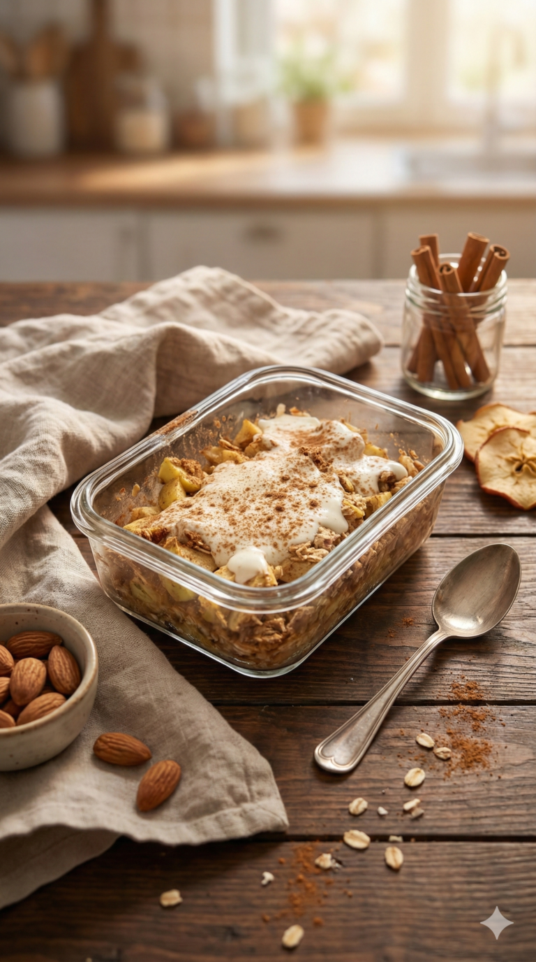 Saftige Apple Cinnamon Baked Oats als Meal Prep im Glas, garniert mit cremigem Joghurt-Topping und umgeben von Zimtstangen.