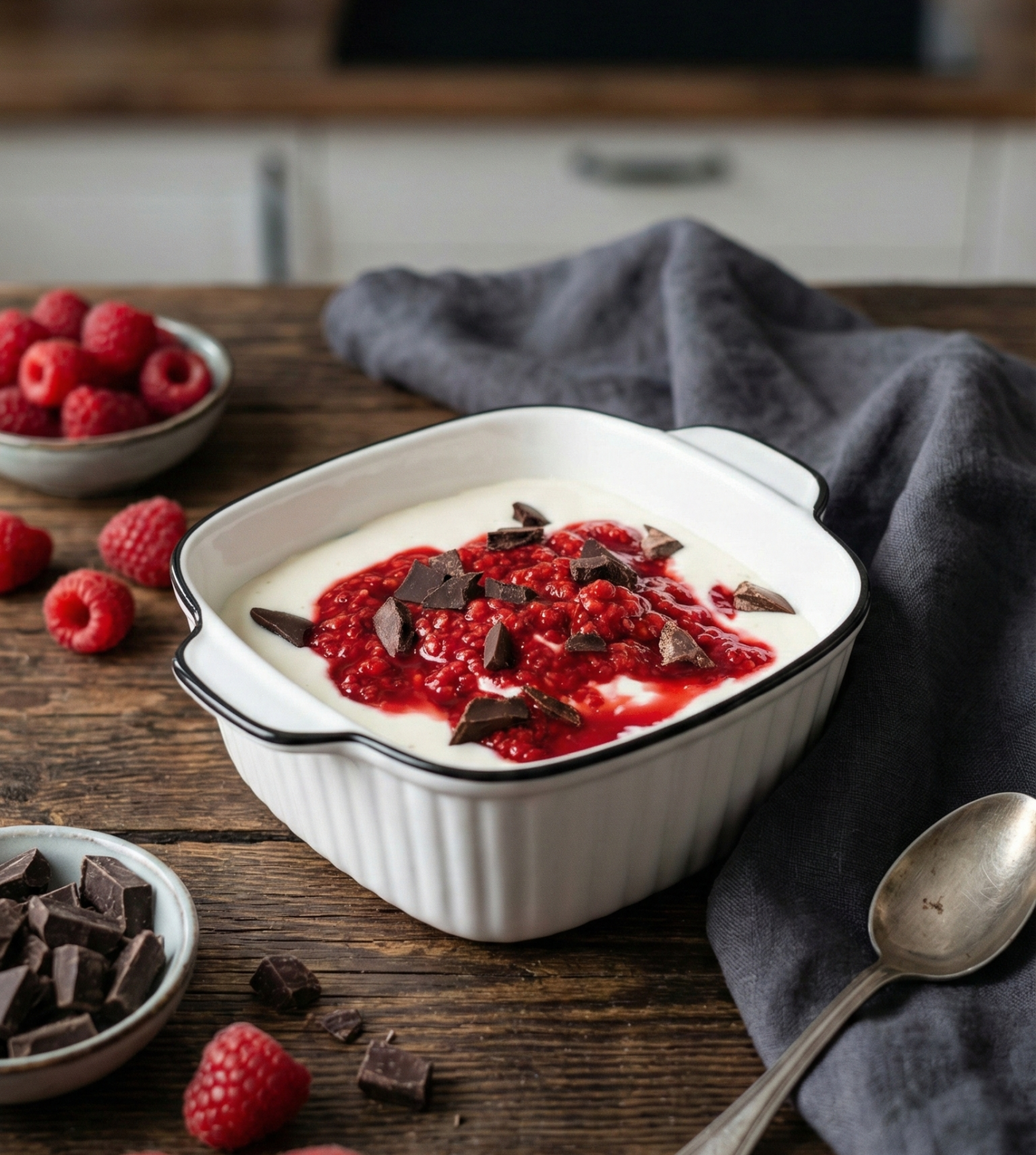 Cremiger weißer Joghurt oder Quark in einer quadratischen Schale, getoppt mit leuchtend rotem Himbeermus und dunklen Schokoladenstücken.