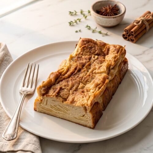 Saftiger Protein-Apfelkuchen mit Magerquark und Zimt, serviert auf einem weißen Teller.