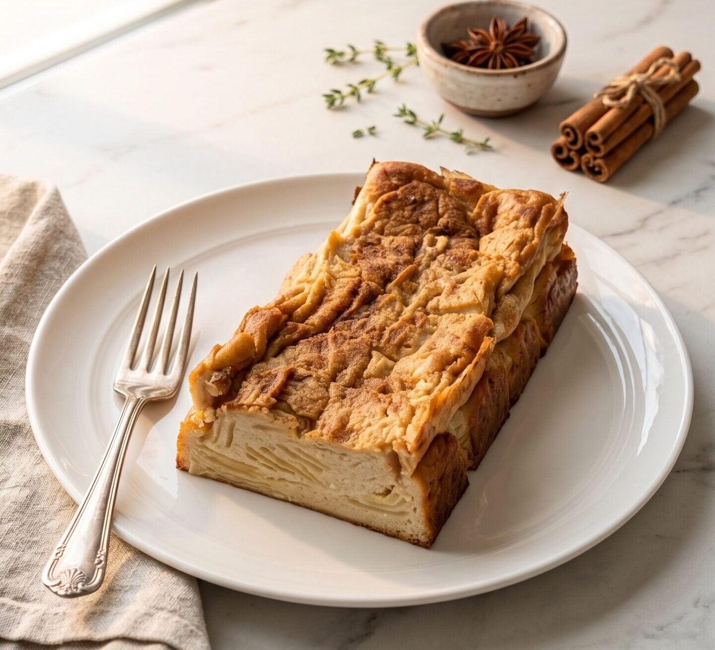 Saftiger Protein-Apfelkuchen mit Magerquark und Zimt, serviert auf einem weißen Teller.
