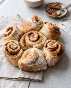Proteinreiche Zimtschnecken aus Dinkelmehl und Frischkäse, ohne Zucker gebacken und mit Zimt gefüllt.