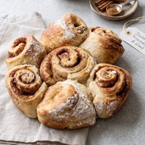 Proteinreiche Zimtschnecken aus Dinkelmehl und Frischkäse, ohne Zucker gebacken und mit Zimt gefüllt.