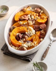 Gebackene orange Kürbisspalten in einer ovalen Auflaufform, belegt mit geviertelten Feigen und zerbröseltem Feta.